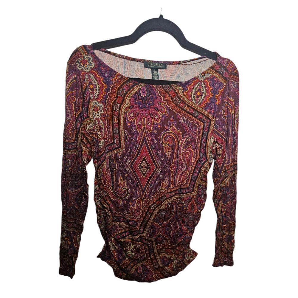 LAUREN RALPH LAUREN Long Sleeve Paisley Ruched Side Blouse - Size Large